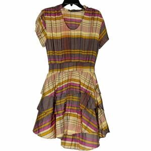 Vertigo Brown Tan Striped Dress Layered Skirt Ruffles Split Sleeves Large